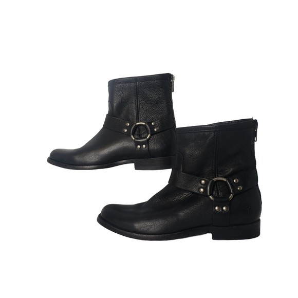 FRYE Phillip Harness Short Black Leather Ankle Boots Size 7 - Picture 1 of 9